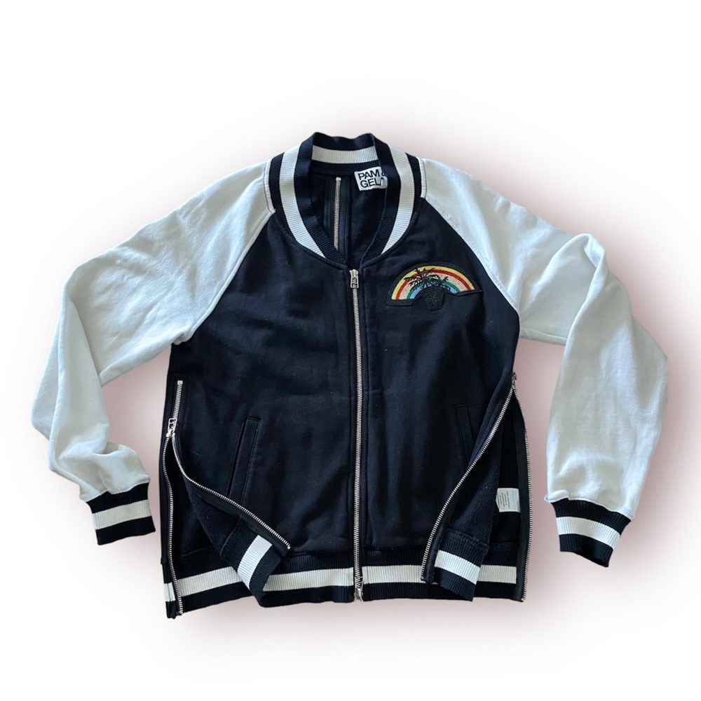 Pam & Gela multi-zipper couture Palm tree varsity Jacket cotton L